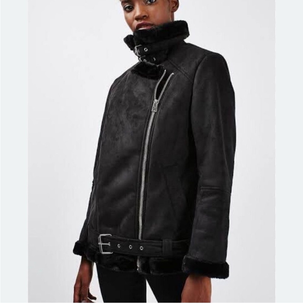Topshop Black Moto Faux Suede Shearling Biker Jacket